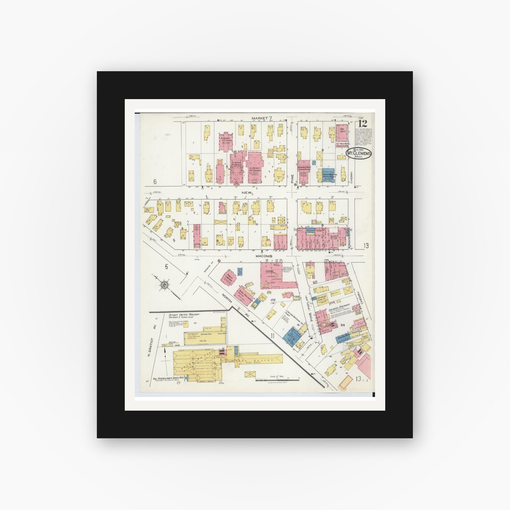 Old map wall art mockup — black gallery frame with white mat — Sanborn Fire Insurance Map from Mount Clemens, Macomb County, Michigan (1921), Sheet #0012