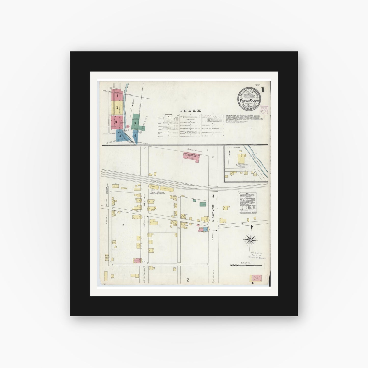 Old map wall art mockup — black gallery frame with white mat — Sanborn Fire Insurance Map from Mount Holly Springs, Cumberland County, Pennsylvania (1907), Sheet #0001