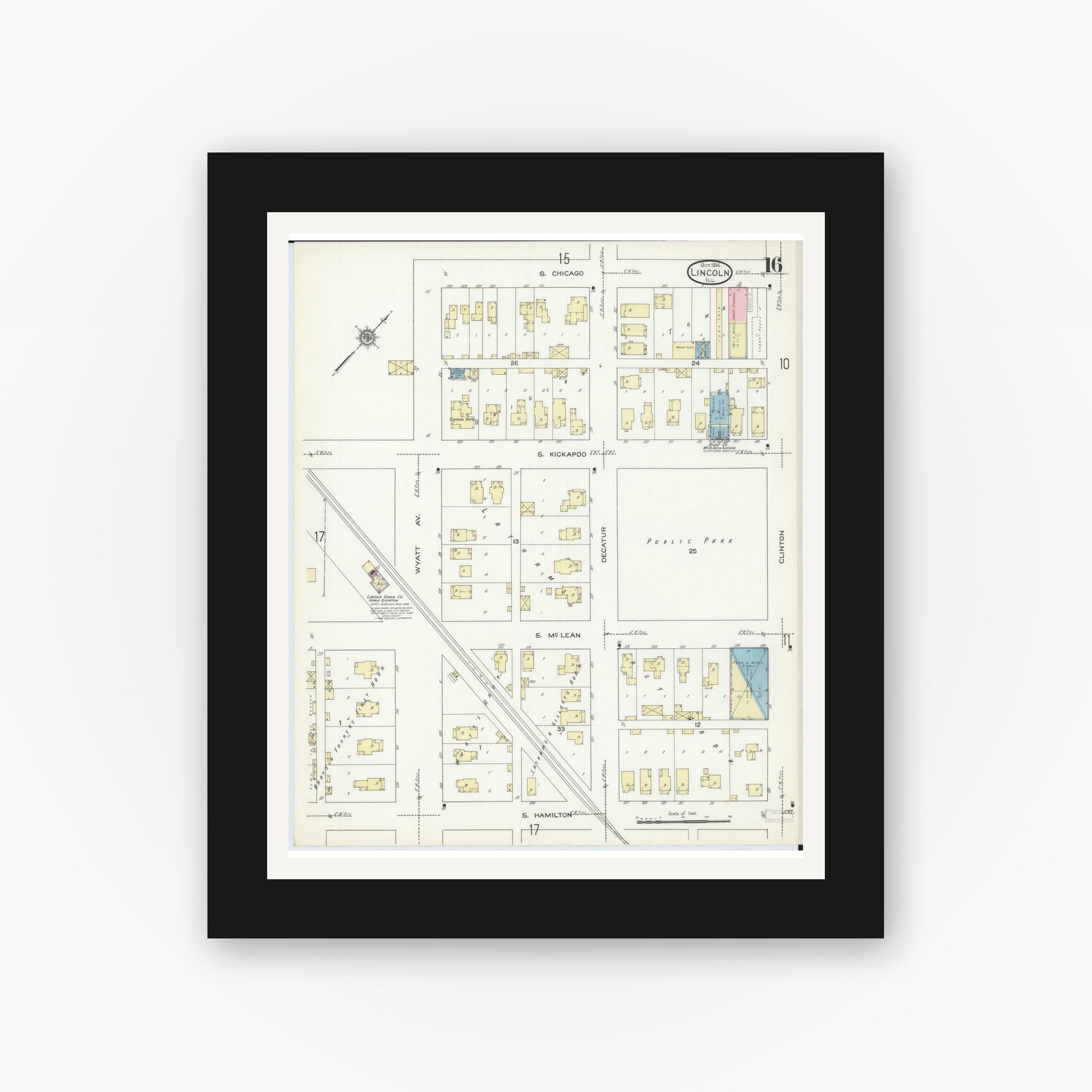 Old map wall art mockup — black gallery frame with white mat — Sanborn Fire Insurance Map from Lincoln, Logan County, Illinois (1914), Sheet #0016