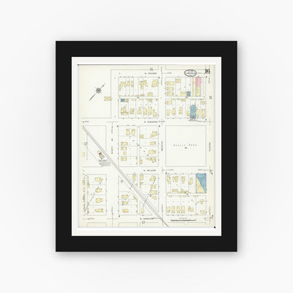 Old map wall art mockup — black gallery frame with white mat — Sanborn Fire Insurance Map from Lincoln, Logan County, Illinois (1914), Sheet #0016