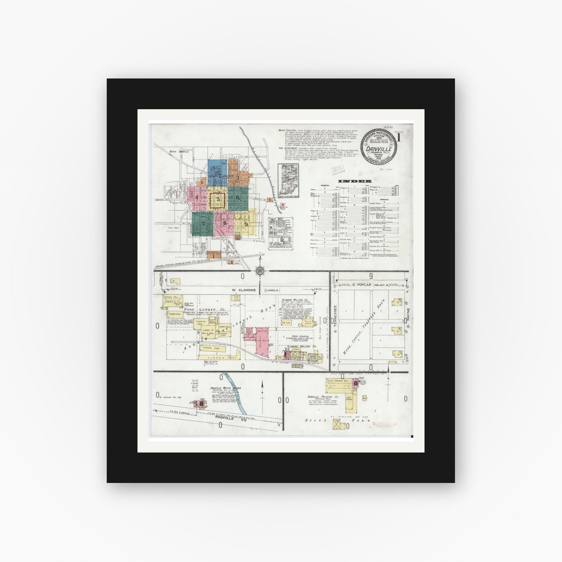 Old map wall art mockup — black gallery frame with white mat — Sanborn Fire Insurance Map from Danville, Hendricks County, Indiana (1920) - Complete Map Set