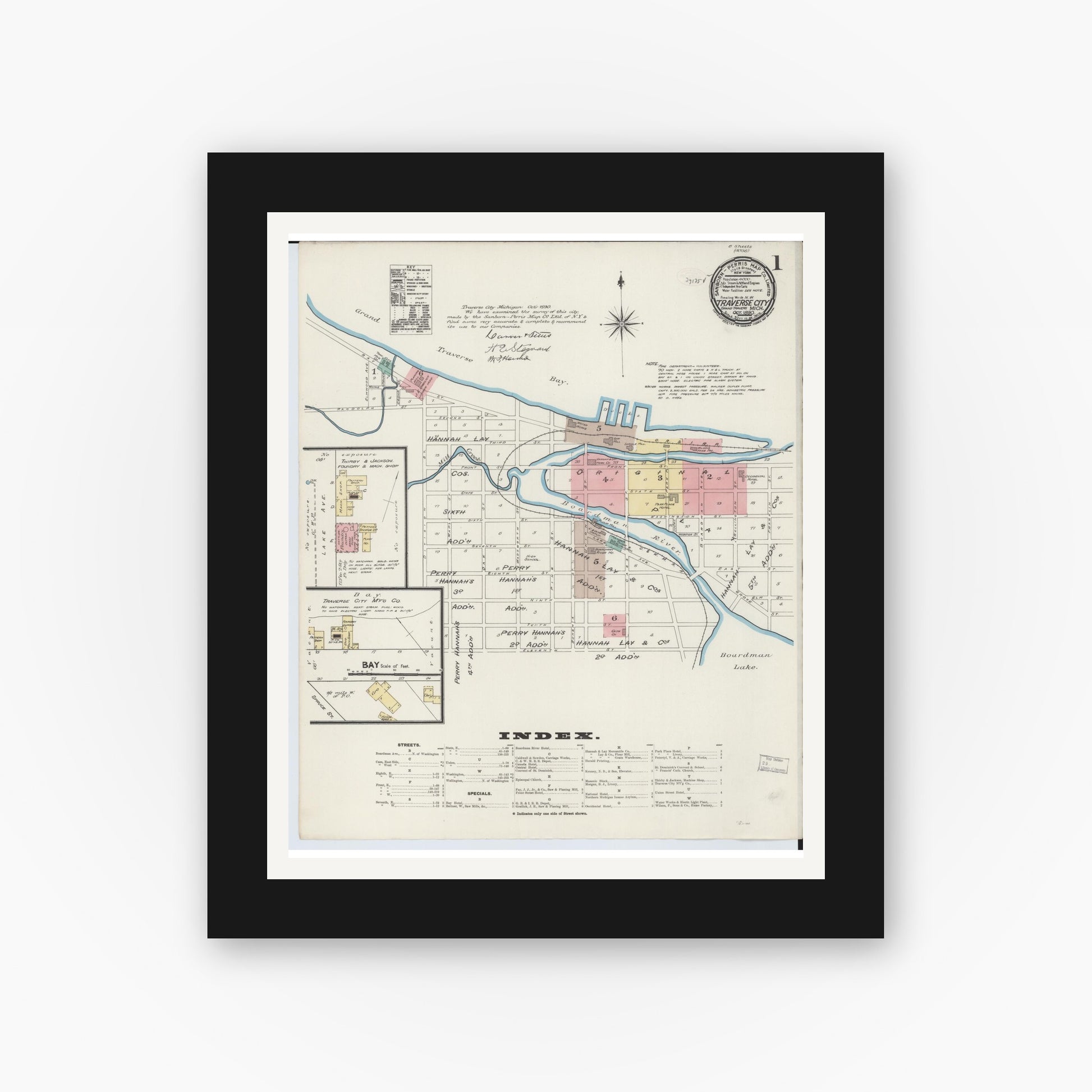 Old map wall art mockup — black gallery frame with white mat — Sanborn Fire Insurance Map from Traverse City, Grand Traverse County, Michigan (1890) - Complete Map Set