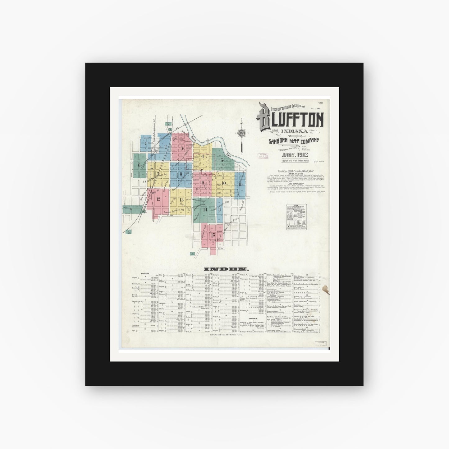 Old map wall art mockup — black gallery frame with white mat — Sanborn Fire Insurance Map from Bluffton, Wells County, Indiana (1912) - Complete Map Set