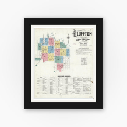 Old map wall art mockup — black gallery frame with white mat — Sanborn Fire Insurance Map from Bluffton, Wells County, Indiana (1912) - Complete Map Set