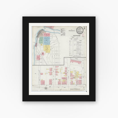 Old map wall art mockup — black gallery frame with white mat — Sanborn Fire Insurance Map from Turners Falls, Franklin County, Massachusetts (1895), Sheet #0001