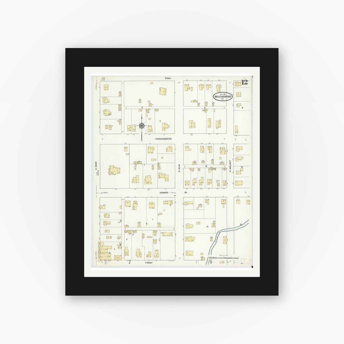 Old map wall art mockup — black gallery frame with white mat — Sanborn Fire Insurance Map from Weatherford, Parker County, Texas (1910), Sheet #0012