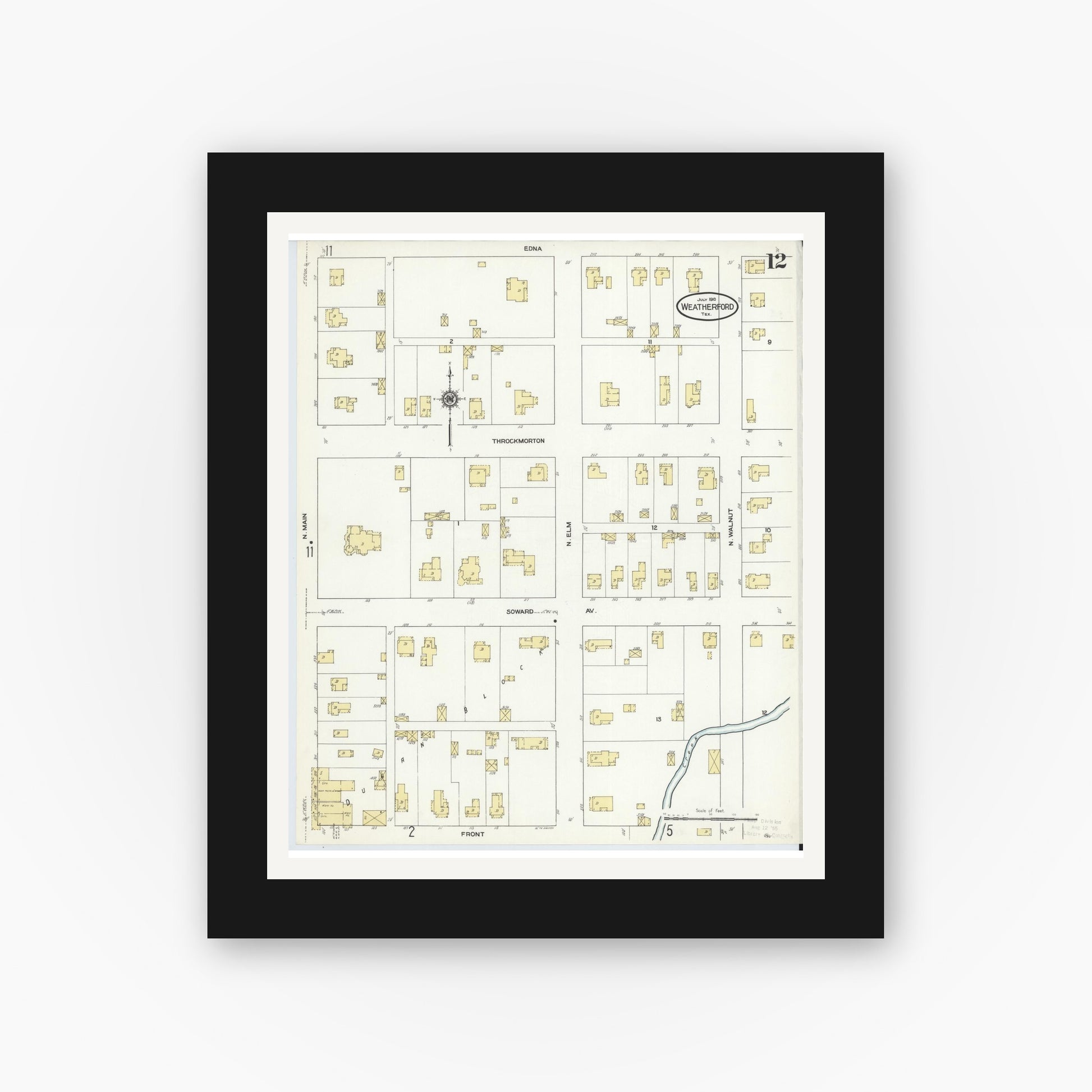 Old map wall art mockup — black gallery frame with white mat — Sanborn Fire Insurance Map from Weatherford, Parker County, Texas (1910), Sheet #0012