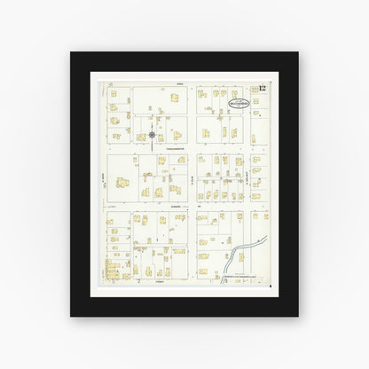 Old map wall art mockup — black gallery frame with white mat — Sanborn Fire Insurance Map from Weatherford, Parker County, Texas (1910), Sheet #0012