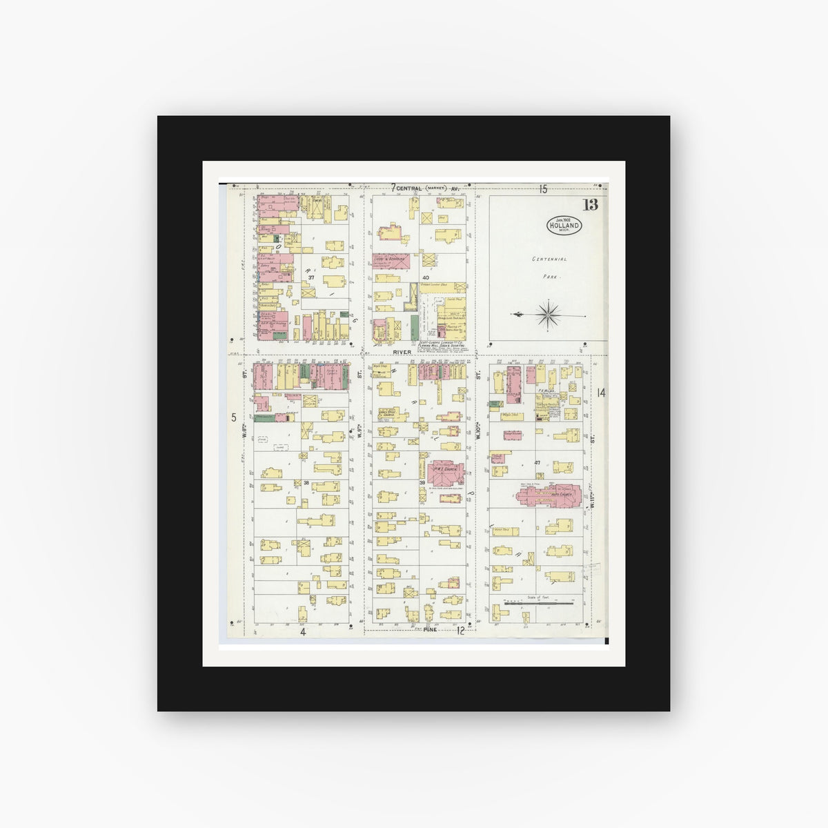 Old map wall art mockup — black gallery frame with white mat — Sanborn Fire Insurance Map from Holland, Ottawa County, Michigan (1902), Sheet #0013