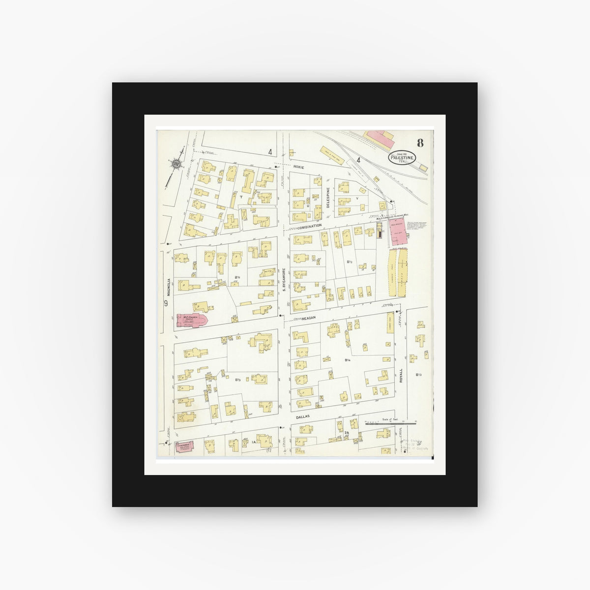 Old map wall art mockup — black gallery frame with white mat — Sanborn Fire Insurance Map from Palestine, Anderson County, Texas (1911), Sheet #0008