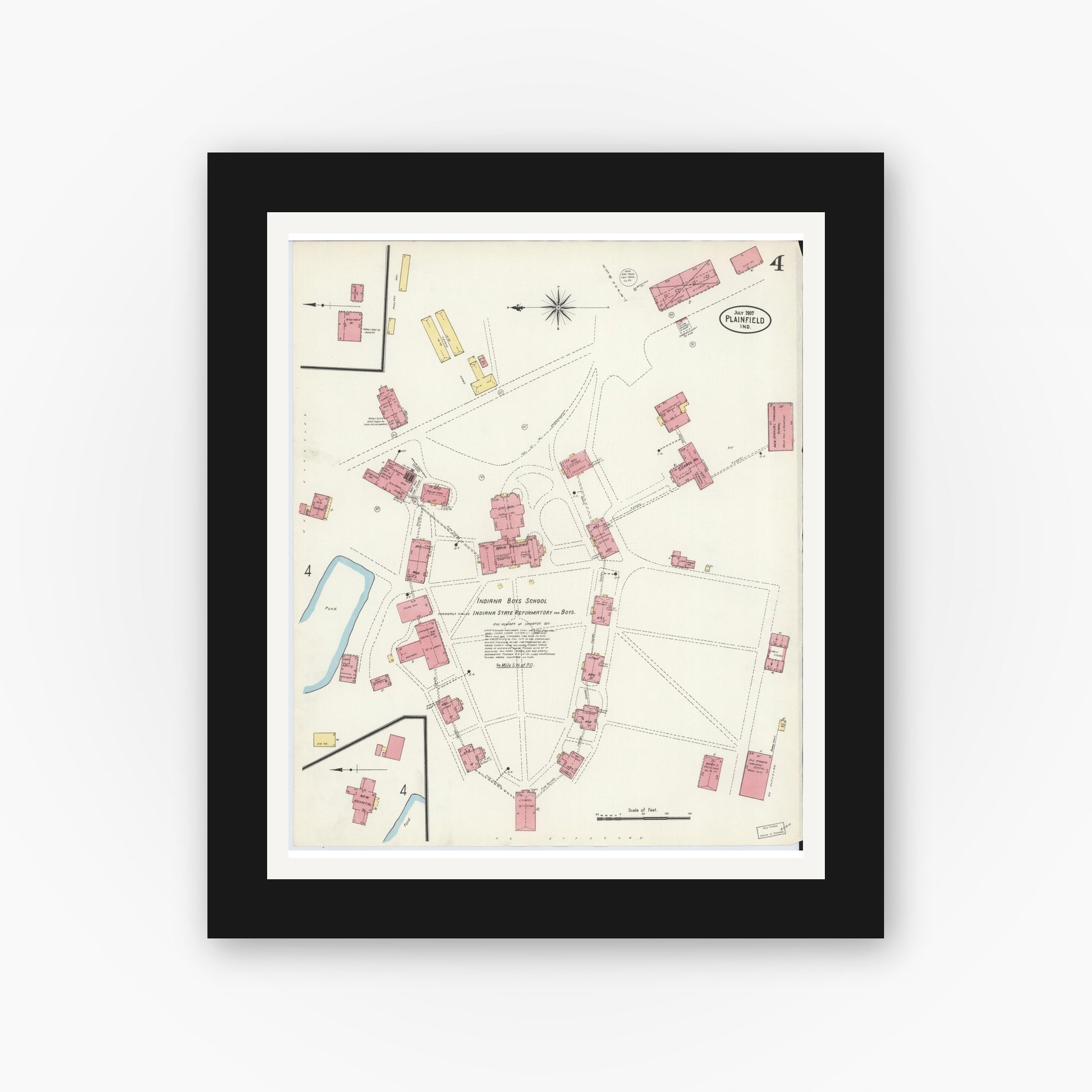 Old map wall art mockup — black gallery frame with white mat — Sanborn Fire Insurance Map from Plainfield, Hendricks County, Indiana (1907), Sheet #0004