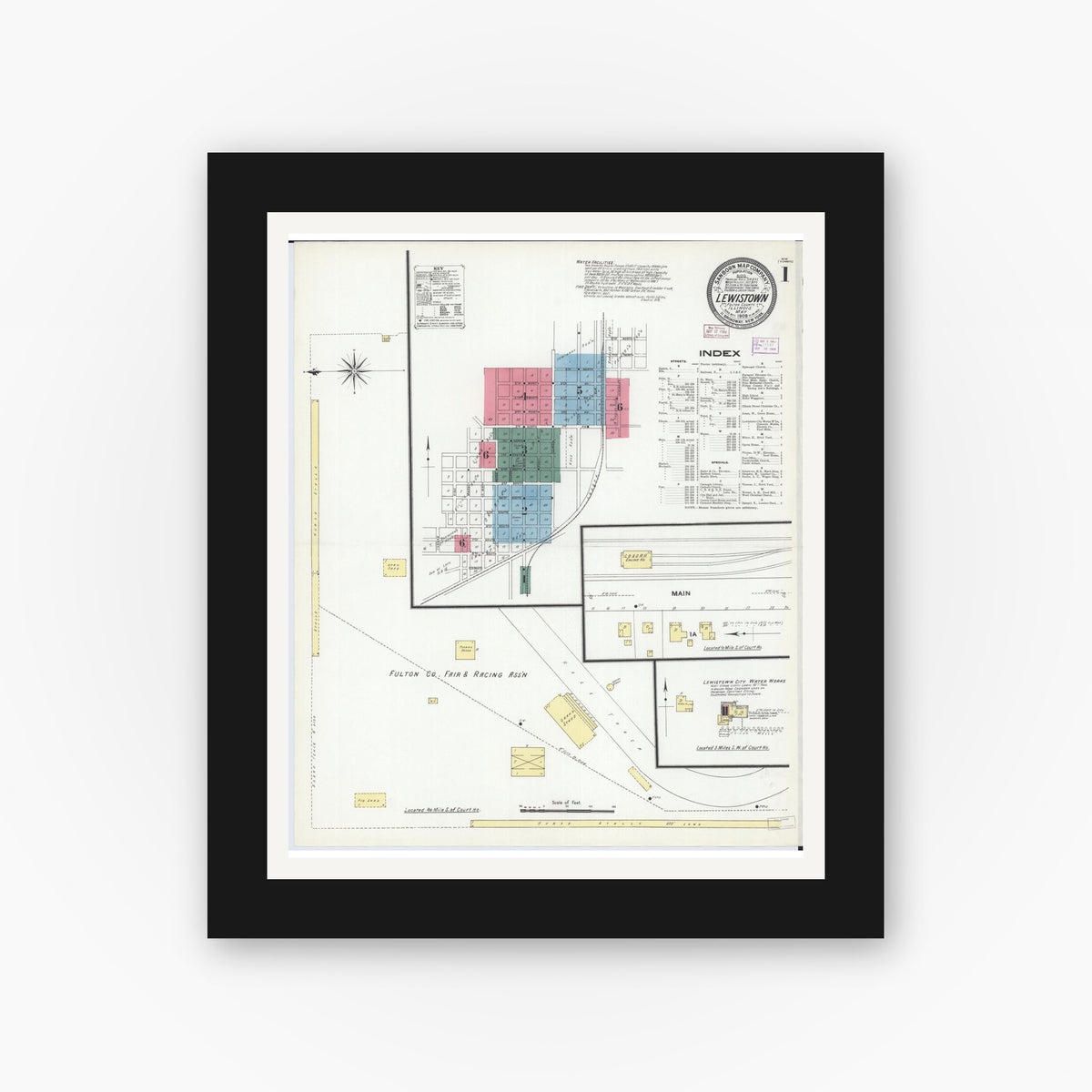 Old map wall art mockup — black gallery frame with white mat — Sanborn Fire Insurance Map from Lewistown, Fulton County, Illinois (1909) - Complete Map Set