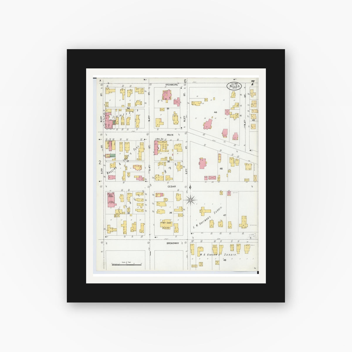 Old map wall art mockup — black gallery frame with white mat — Sanborn Fire Insurance Map from Niles, Berrien County, Michigan (1900), Sheet #0007
