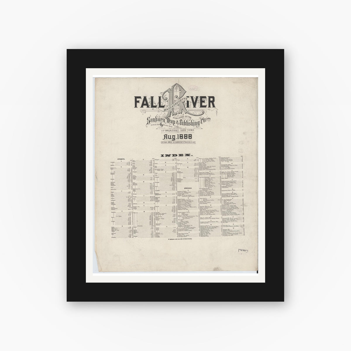 Old map wall art mockup — black gallery frame with white mat — Sanborn Fire Insurance Map from Fall River, Bristol County, Massachusetts (1888), Sheet #0001