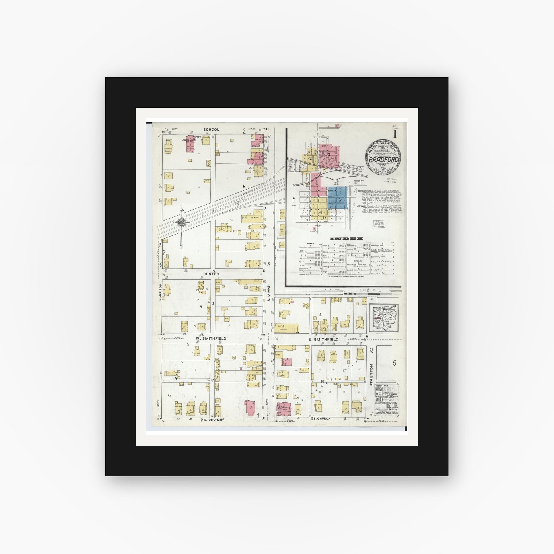 Old map wall art mockup — black gallery frame with white mat — Sanborn Fire Insurance Map from Bradford, Darke and Miami Counties, Ohio (1920), Sheet #0001