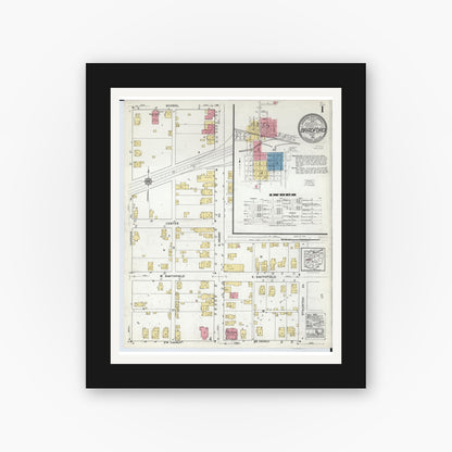 Old map wall art mockup — black gallery frame with white mat — Sanborn Fire Insurance Map from Bradford, Darke and Miami Counties, Ohio (1920), Sheet #0001