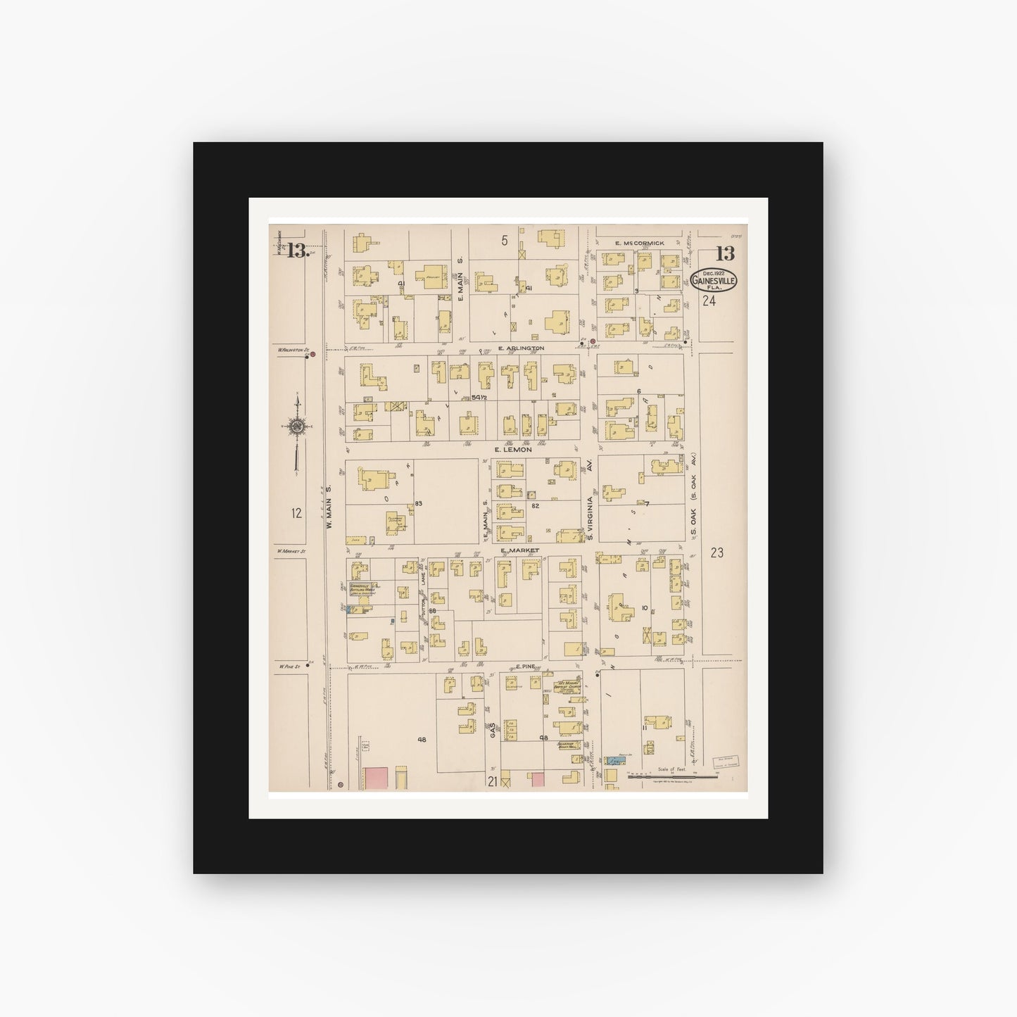 Old map wall art mockup — black gallery frame with white mat — Sanborn Fire Insurance Map from Gainesville, Alachua County, Florida (1922), Sheet #0013