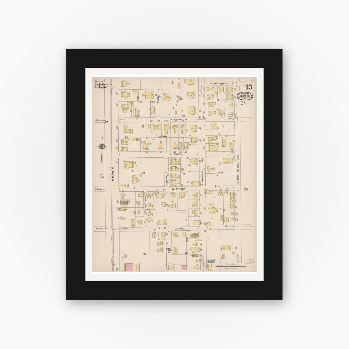 Old map wall art mockup — black gallery frame with white mat — Sanborn Fire Insurance Map from Gainesville, Alachua County, Florida (1922), Sheet #0013
