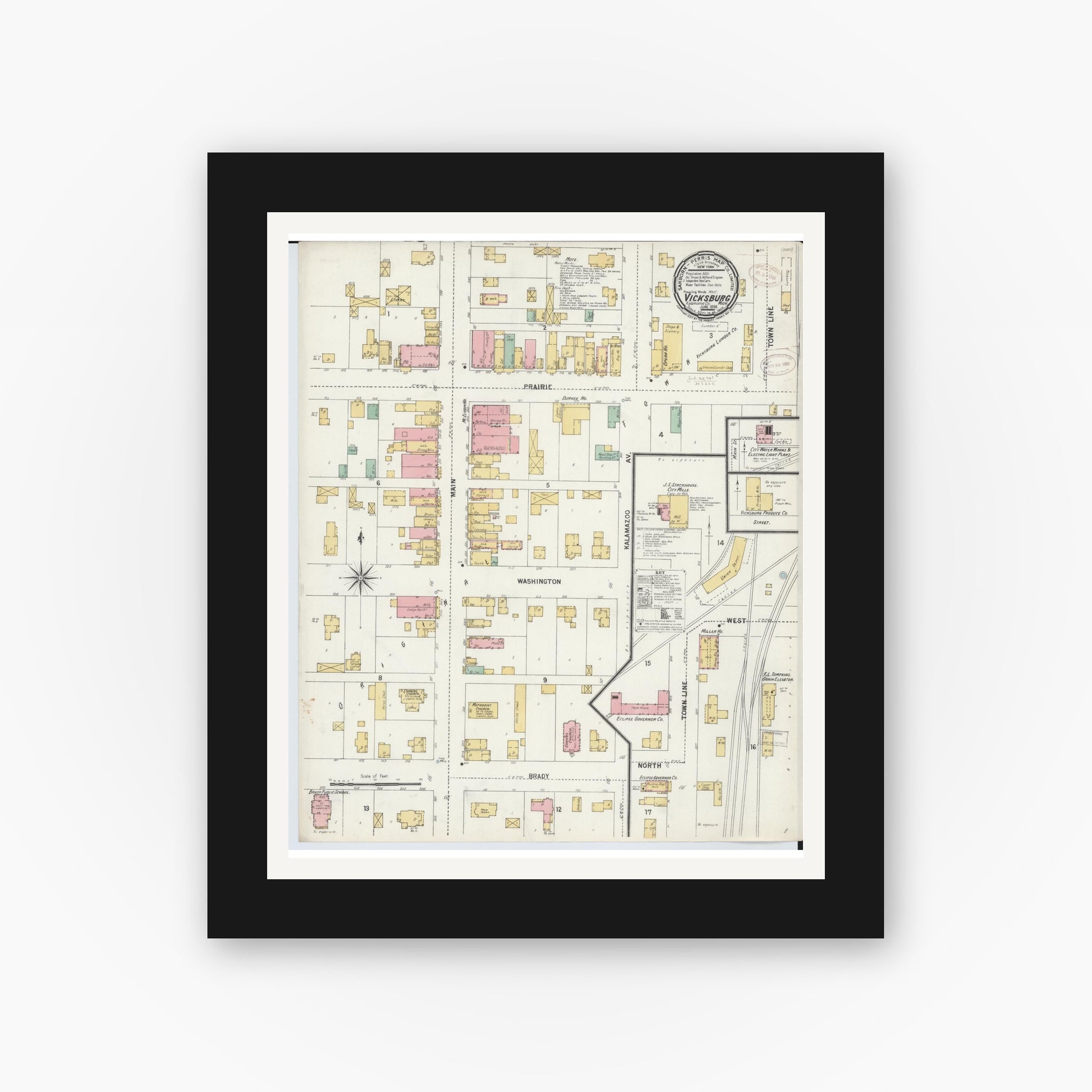 Old map wall art mockup — black gallery frame with white mat — Sanborn Fire Insurance Map from Vicksburg, Kalamazoo County, Michigan (1899), Sheet #0001