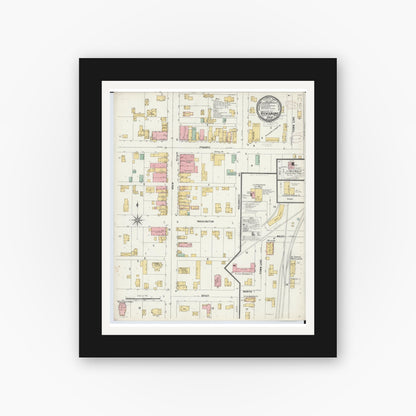 Old map wall art mockup — black gallery frame with white mat — Sanborn Fire Insurance Map from Vicksburg, Kalamazoo County, Michigan (1899), Sheet #0001