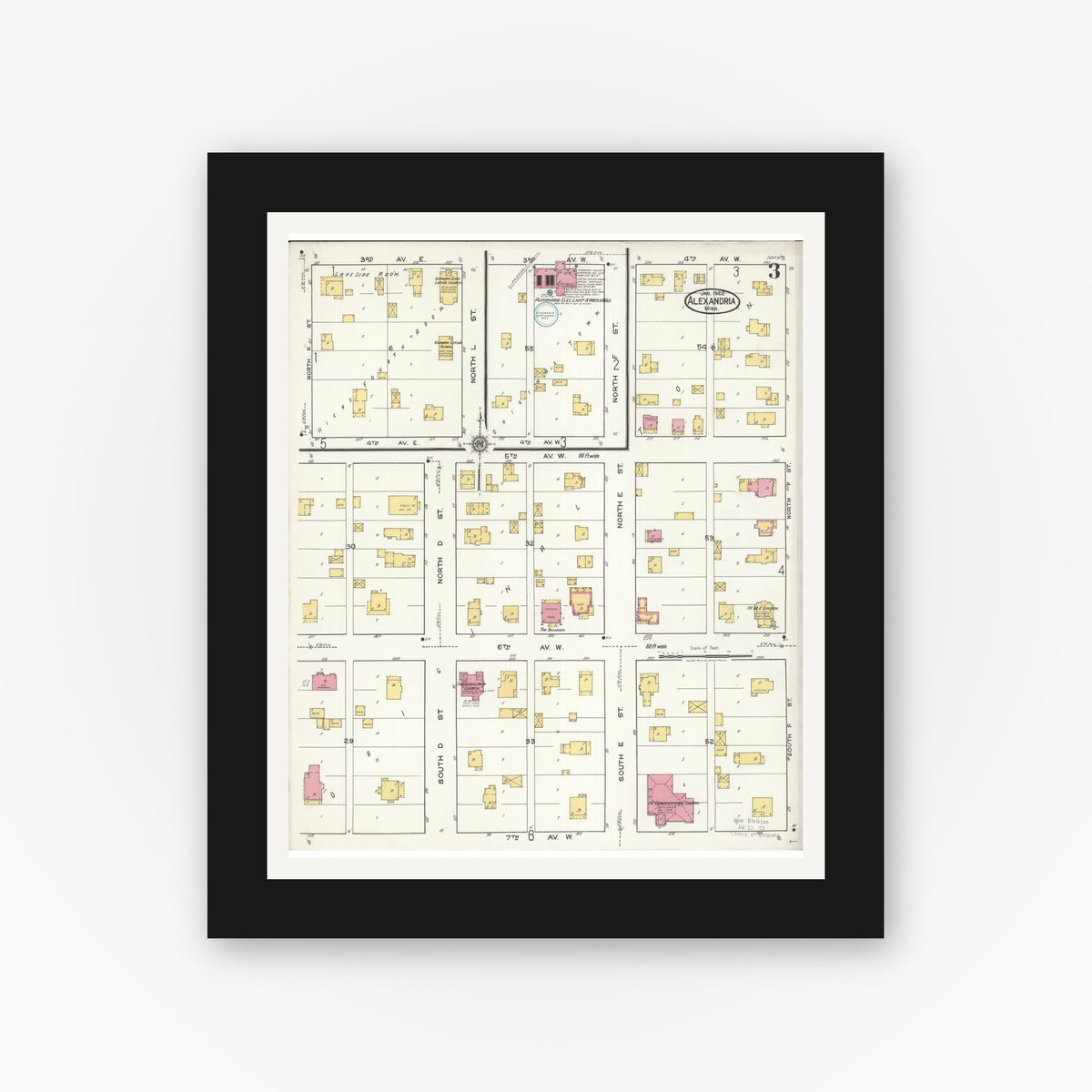 Old map wall art mockup — black gallery frame with white mat — Sanborn Fire Insurance Map from Alexandria, Douglas County, Minnesota (1922), Sheet #0003