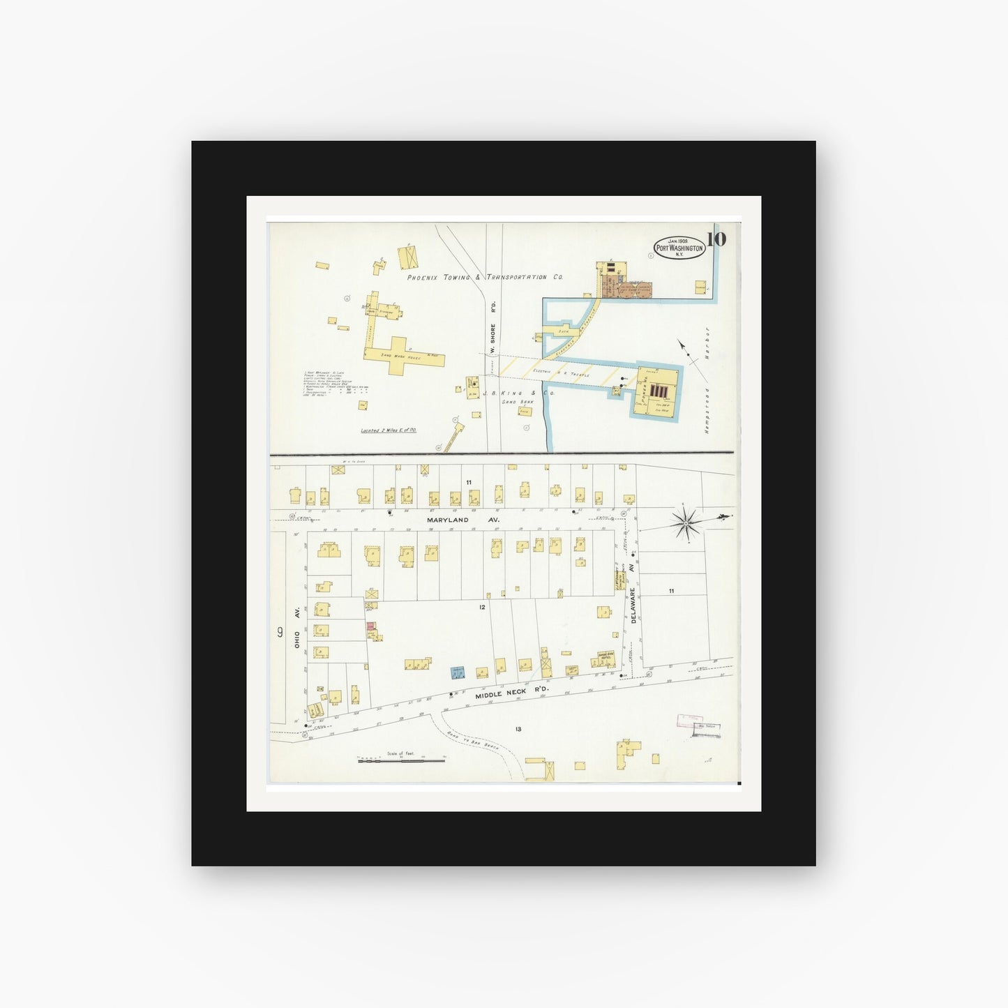 Old map wall art mockup — black gallery frame with white mat — Sanborn Fire Insurance Map from Port Washington, Nassau County, New York (1909), Sheet #0010