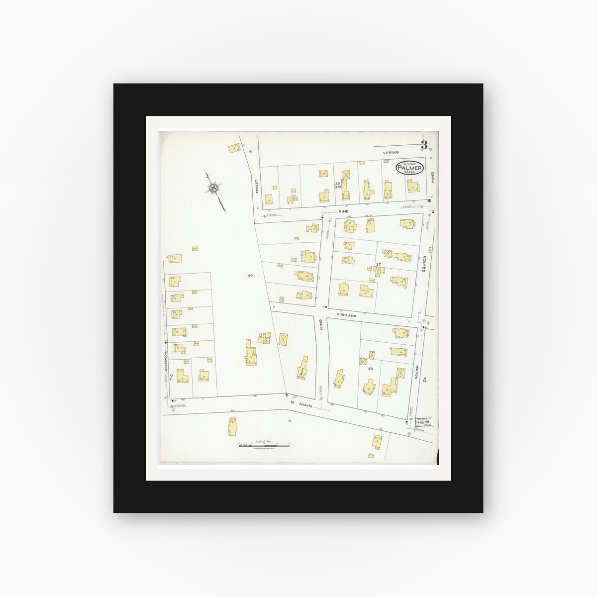 Old map wall art mockup — black gallery frame with white mat — Sanborn Fire Insurance Map from Palmer, Hampden County, Massachusetts (1918), Sheet #0003