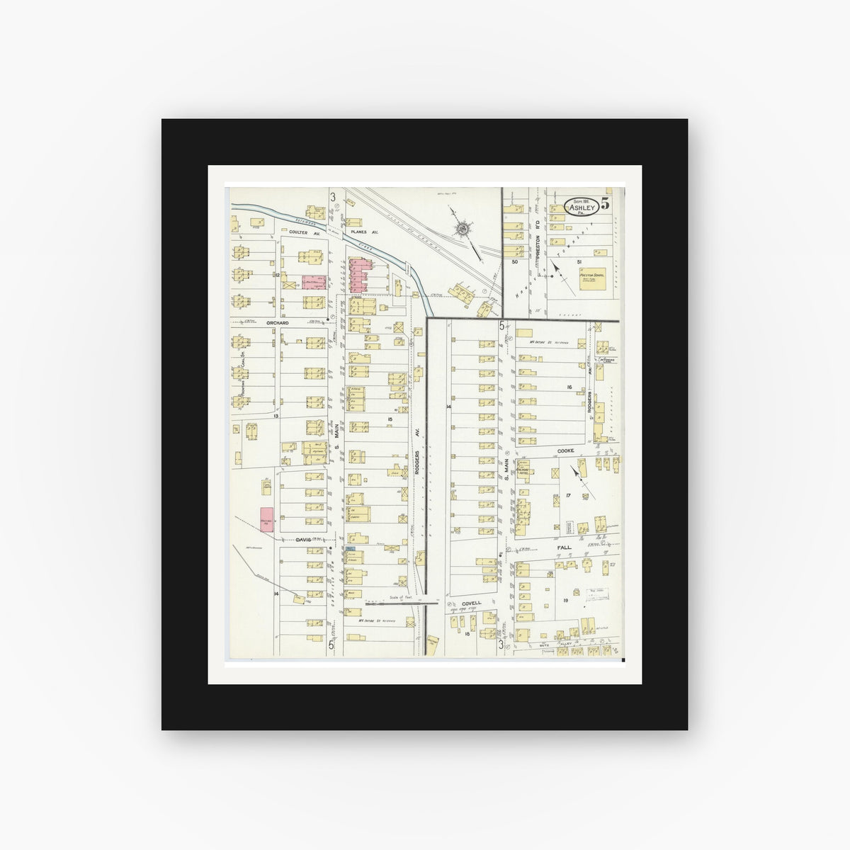 Old map wall art mockup — black gallery frame with white mat — Sanborn Fire Insurance Map from Ashley, Luzerne County, Pennsylvania (1911), Sheet #0005