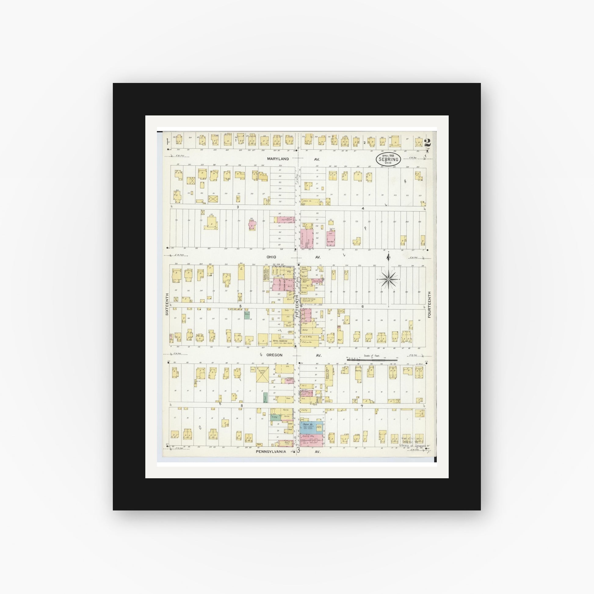 Old map wall art mockup — black gallery frame with white mat — Sanborn Fire Insurance Map from Sebring, Mahoning County, Ohio (1908), Sheet #0002