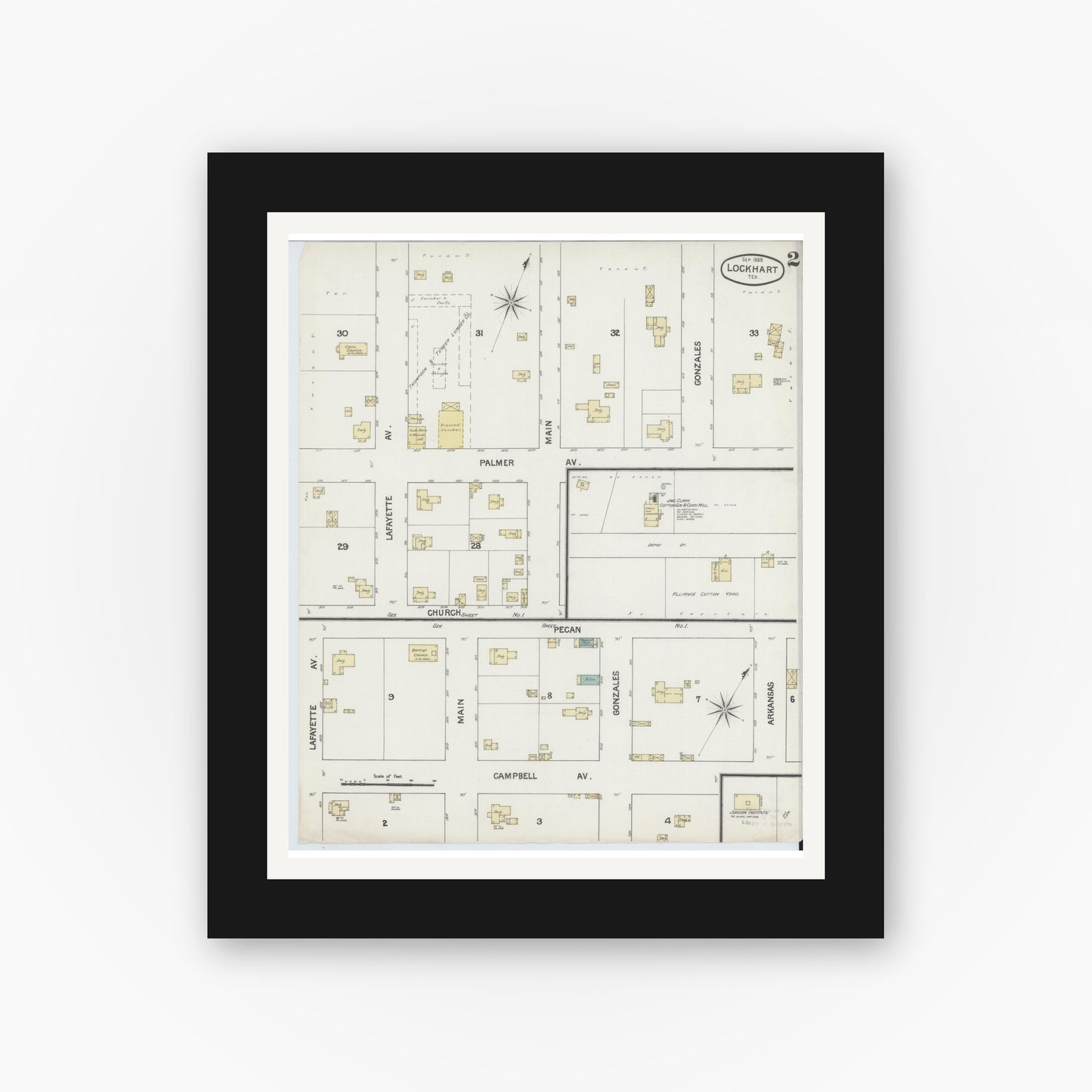 Old map wall art mockup — black gallery frame with white mat — Sanborn Fire Insurance Map from Lockhart, Caldwell County, Texas (1888), Sheet #0002