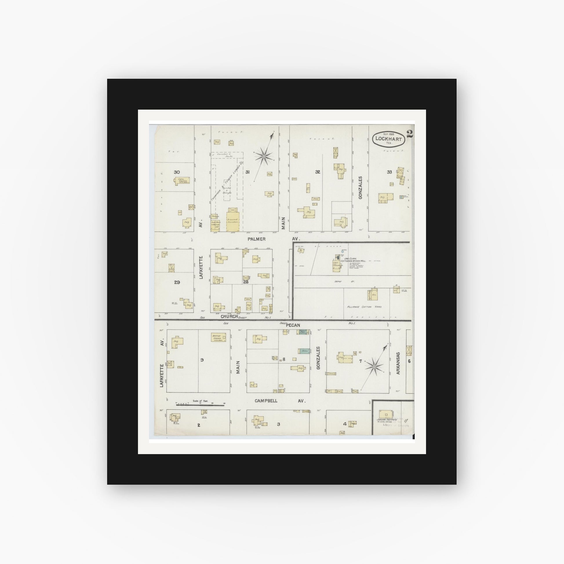 Old map wall art mockup — black gallery frame with white mat — Sanborn Fire Insurance Map from Lockhart, Caldwell County, Texas (1888), Sheet #0002