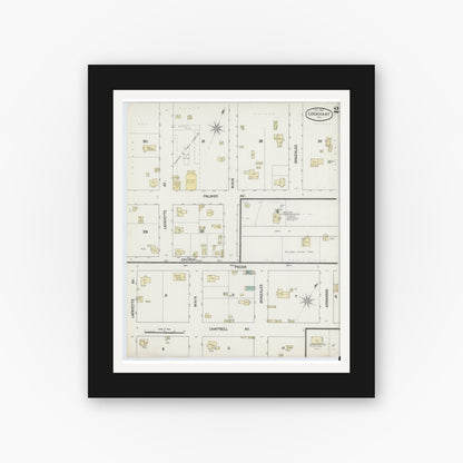 Old map wall art mockup — black gallery frame with white mat — Sanborn Fire Insurance Map from Lockhart, Caldwell County, Texas (1888), Sheet #0002