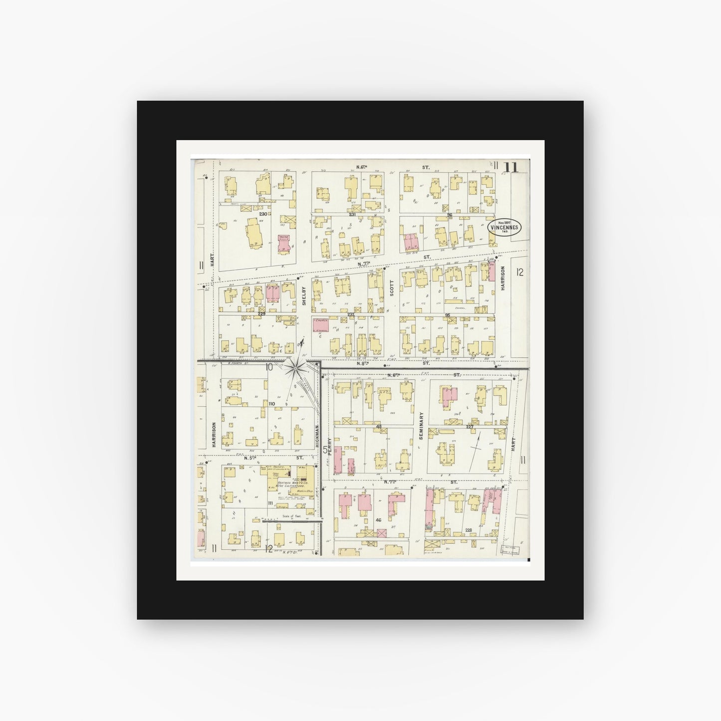 Old map wall art mockup — black gallery frame with white mat — Sanborn Fire Insurance Map from Vincennes, Knox County, Indiana (1897), Sheet #0011