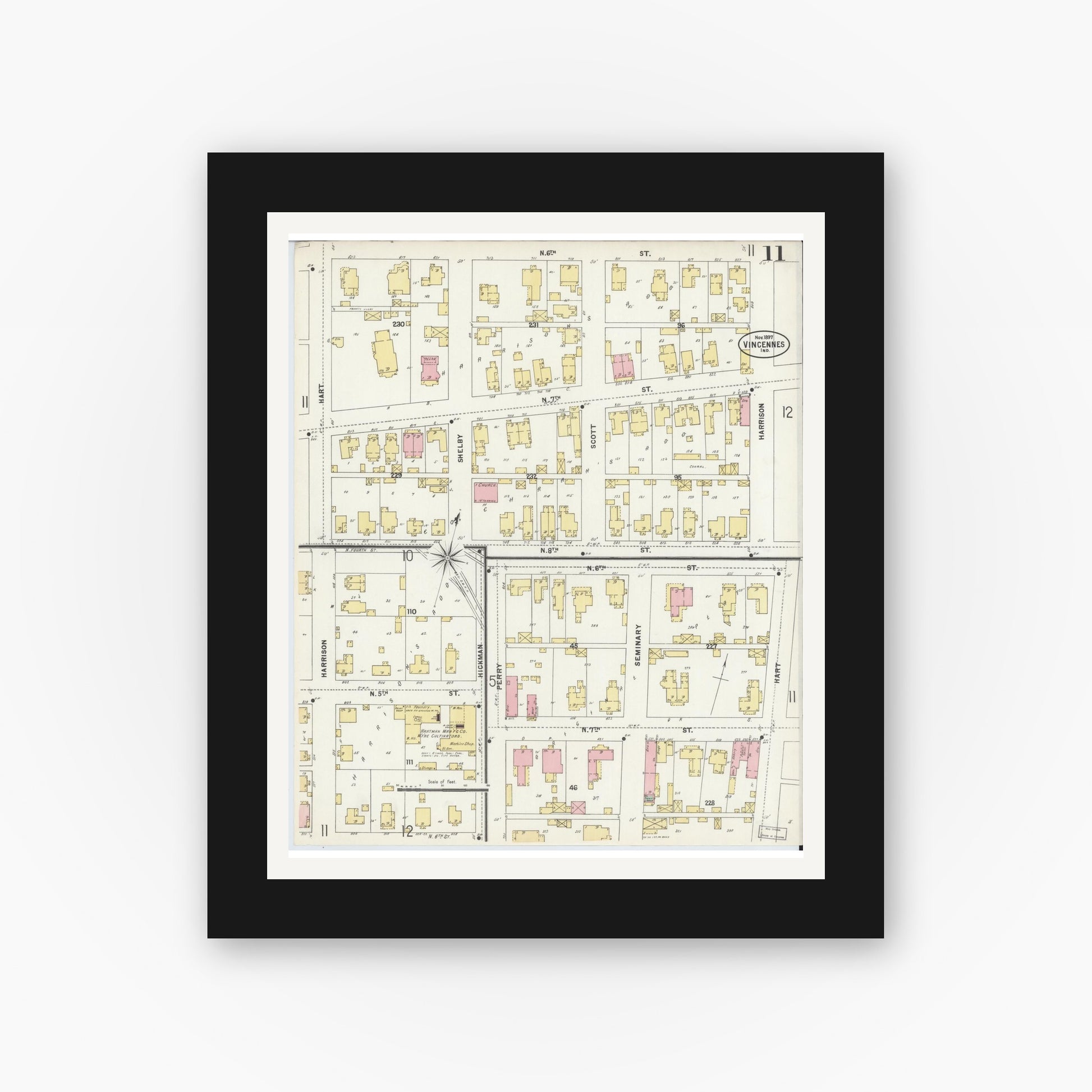 Old map wall art mockup — black gallery frame with white mat — Sanborn Fire Insurance Map from Vincennes, Knox County, Indiana (1897), Sheet #0011