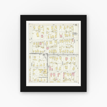 Old map wall art mockup — black gallery frame with white mat — Sanborn Fire Insurance Map from Vincennes, Knox County, Indiana (1897), Sheet #0011