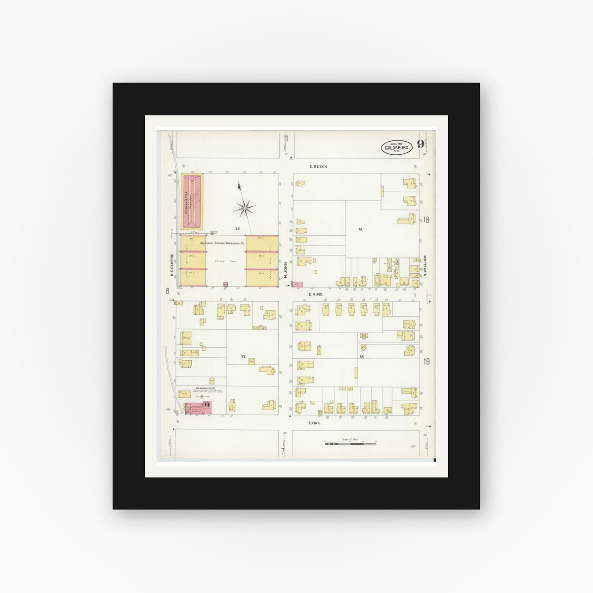 Old map wall art mockup — black gallery frame with white mat — Sanborn Fire Insurance Map from Goldsboro, Wayne County, North Carolina (1908), Sheet #0009