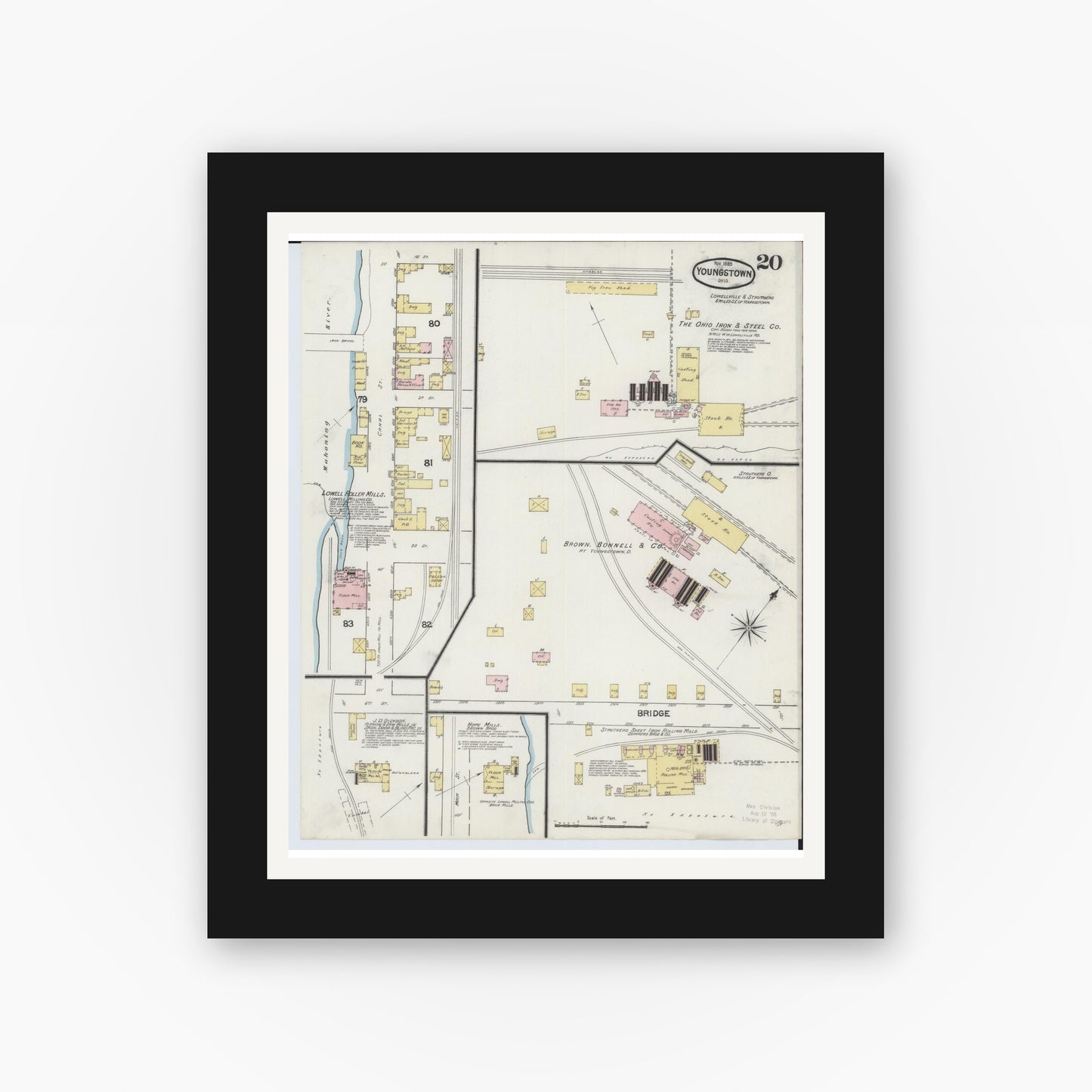 Old map wall art mockup — black gallery frame with white mat — Sanborn Fire Insurance Map from Youngstown, Mahoning County, Ohio (1889), Sheet #0020