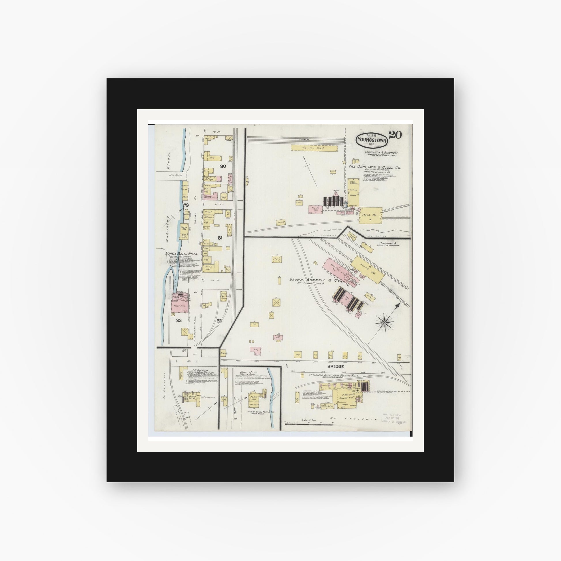 Old map wall art mockup — black gallery frame with white mat — Sanborn Fire Insurance Map from Youngstown, Mahoning County, Ohio (1889), Sheet #0020