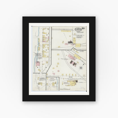 Old map wall art mockup — black gallery frame with white mat — Sanborn Fire Insurance Map from Youngstown, Mahoning County, Ohio (1889), Sheet #0020