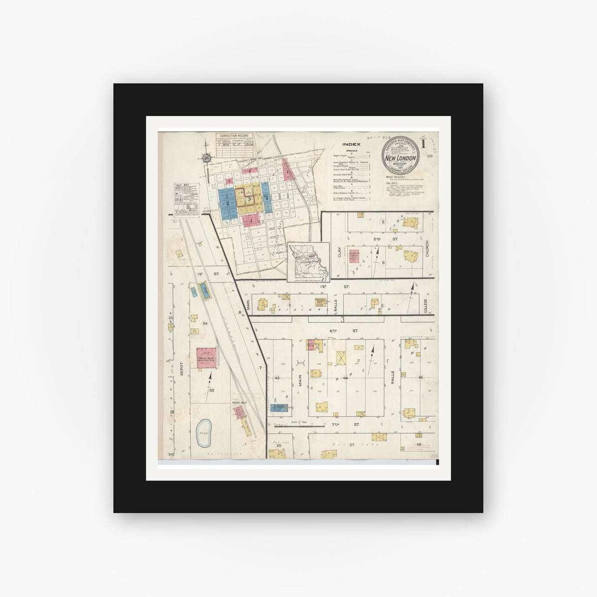 Old map wall art mockup — black gallery frame with white mat — Sanborn Fire Insurance Map from New London, Ralls County, Missouri (1937) - Complete Map Set