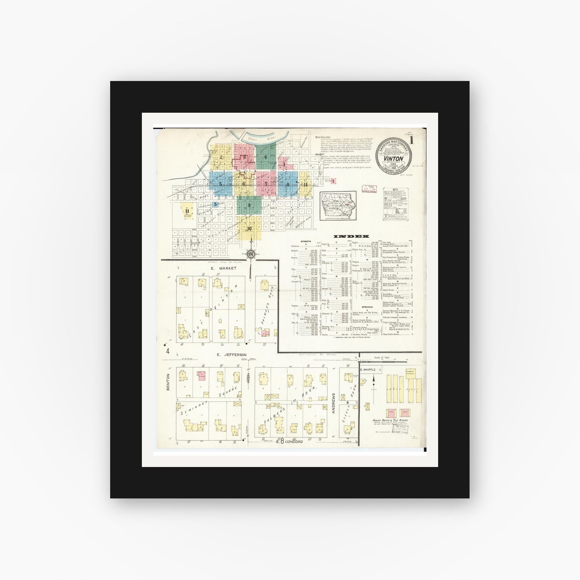 Old map wall art mockup — black gallery frame with white mat — Sanborn Fire Insurance Map from Vinton, Benton County, Iowa (1913), Sheet #0001