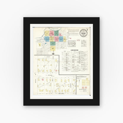 Old map wall art mockup — black gallery frame with white mat — Sanborn Fire Insurance Map from Vinton, Benton County, Iowa (1913), Sheet #0001