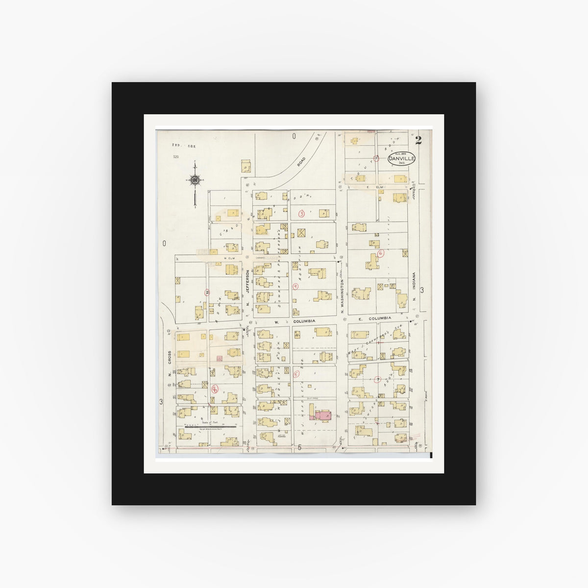 Old map wall art mockup — black gallery frame with white mat — Sanborn Fire Insurance Map from Danville, Hendricks County, Indiana (1932), Sheet #0002