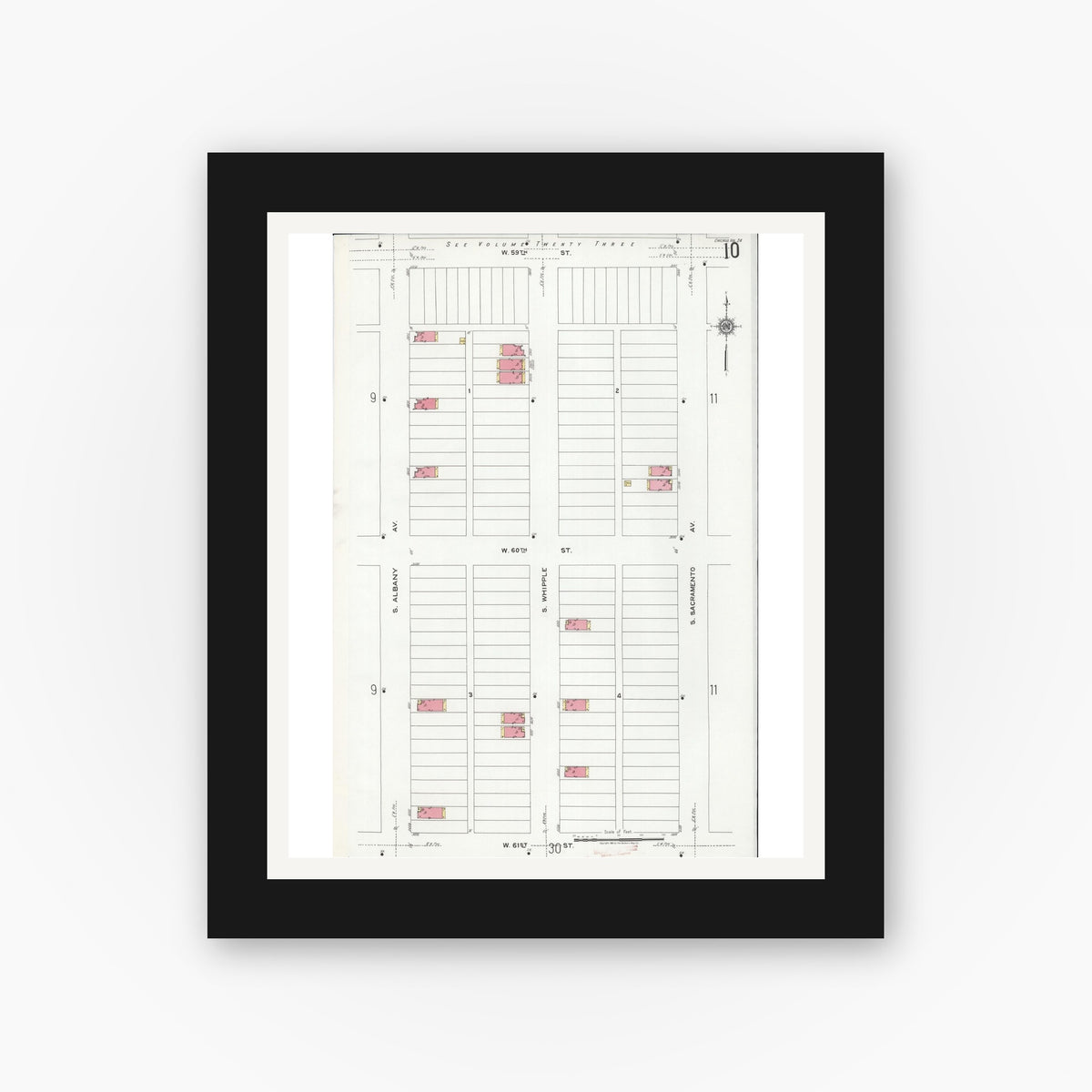 Old map wall art mockup — black gallery frame with white mat — Sanborn Fire Insurance Map from Chicago, Cook County, Illinois (1920), Sheet #0010