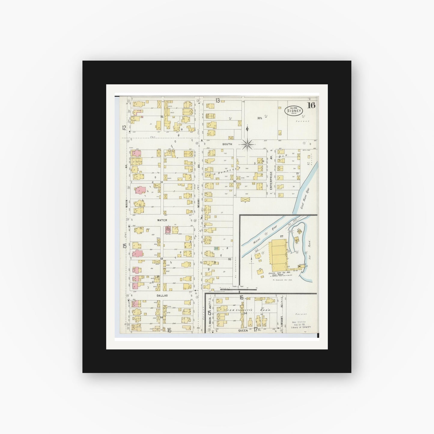 Old map wall art mockup — black gallery frame with white mat — Sanborn Fire Insurance Map from Sidney, Shelby County, Ohio (1898), Sheet #0016