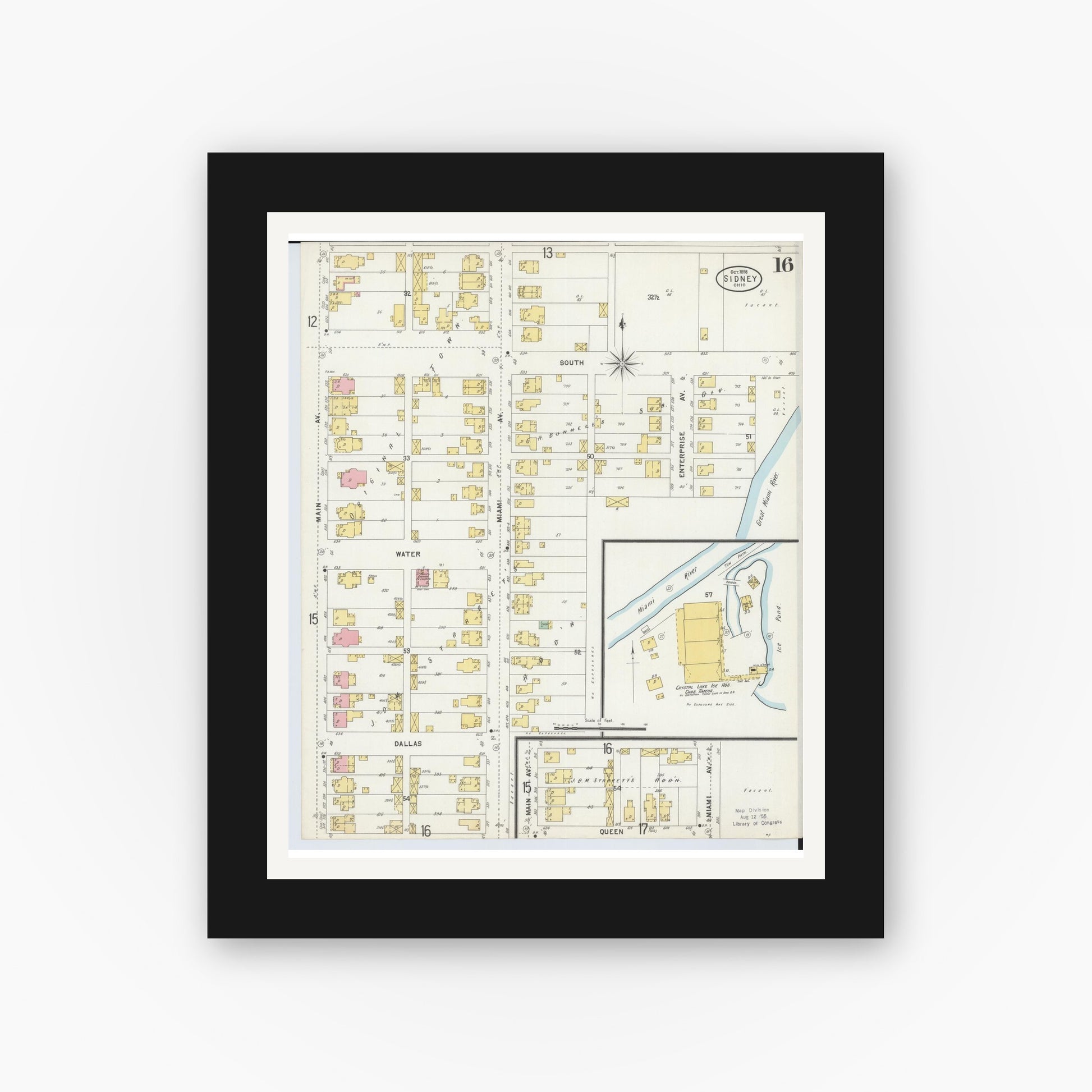 Old map wall art mockup — black gallery frame with white mat — Sanborn Fire Insurance Map from Sidney, Shelby County, Ohio (1898), Sheet #0016