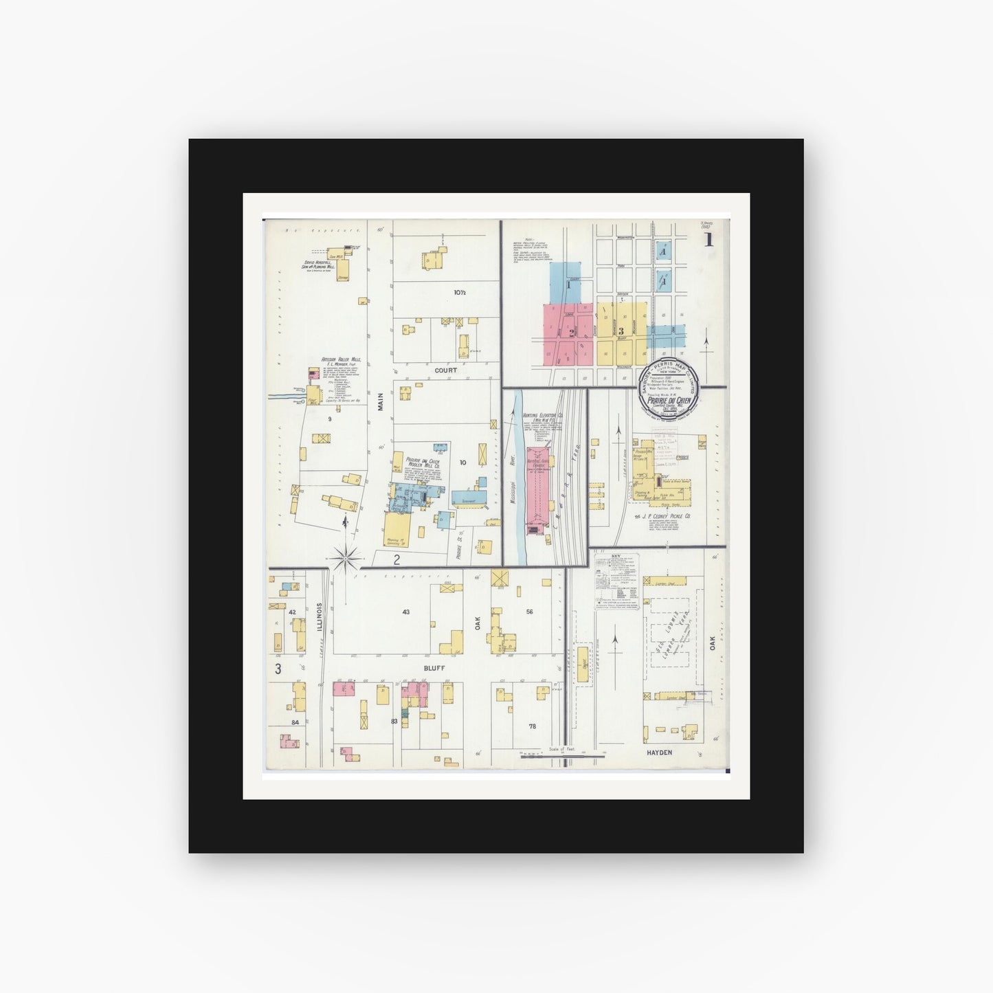 Old map wall art mockup — black gallery frame with white mat — Sanborn Fire Insurance Map from Prairie du Chien, Crawford County, Wisconsin (1899), Sheet #0001