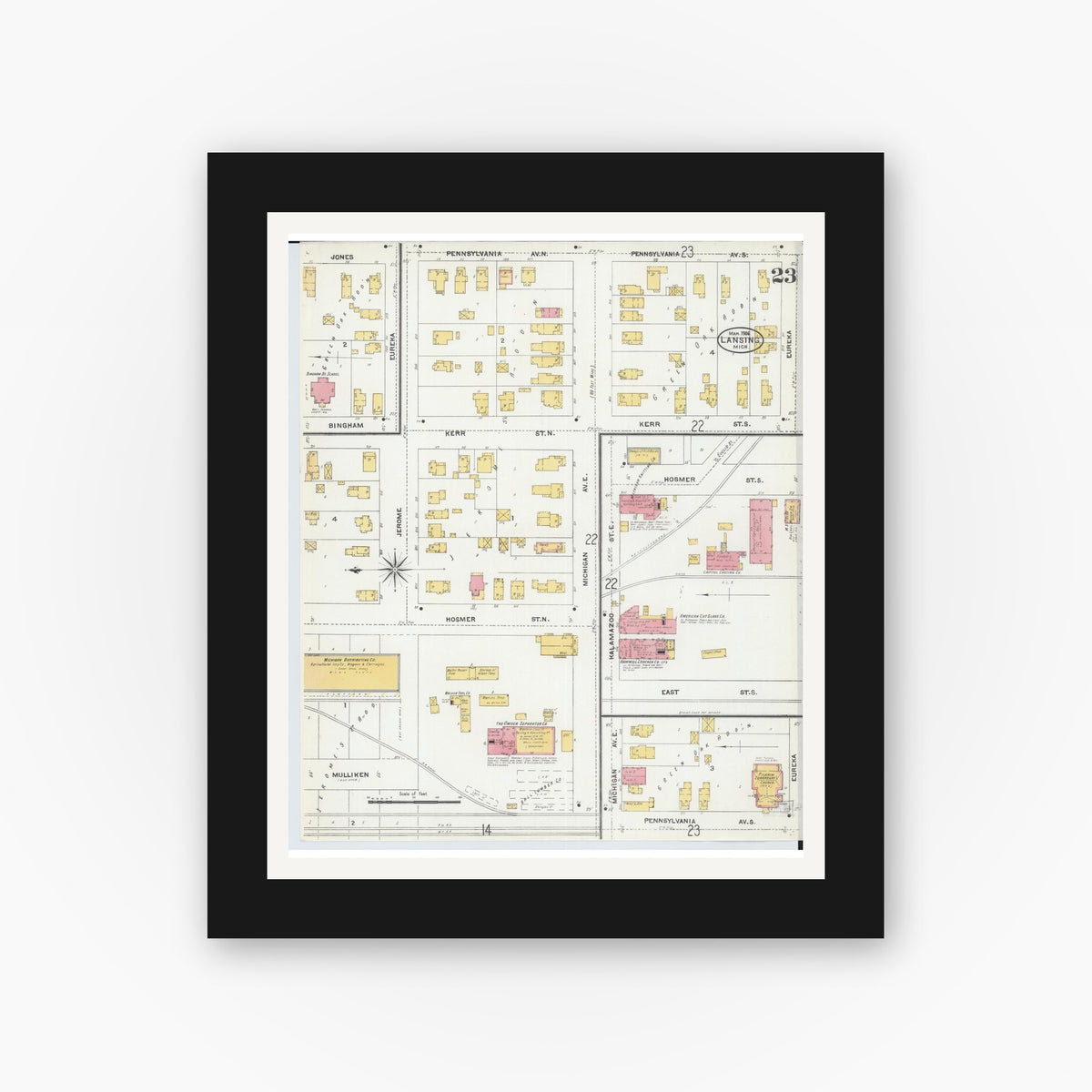 Old map wall art mockup — black gallery frame with white mat — Sanborn Fire Insurance Map from Lansing, Ingham County, Michigan (1906), Sheet #0023