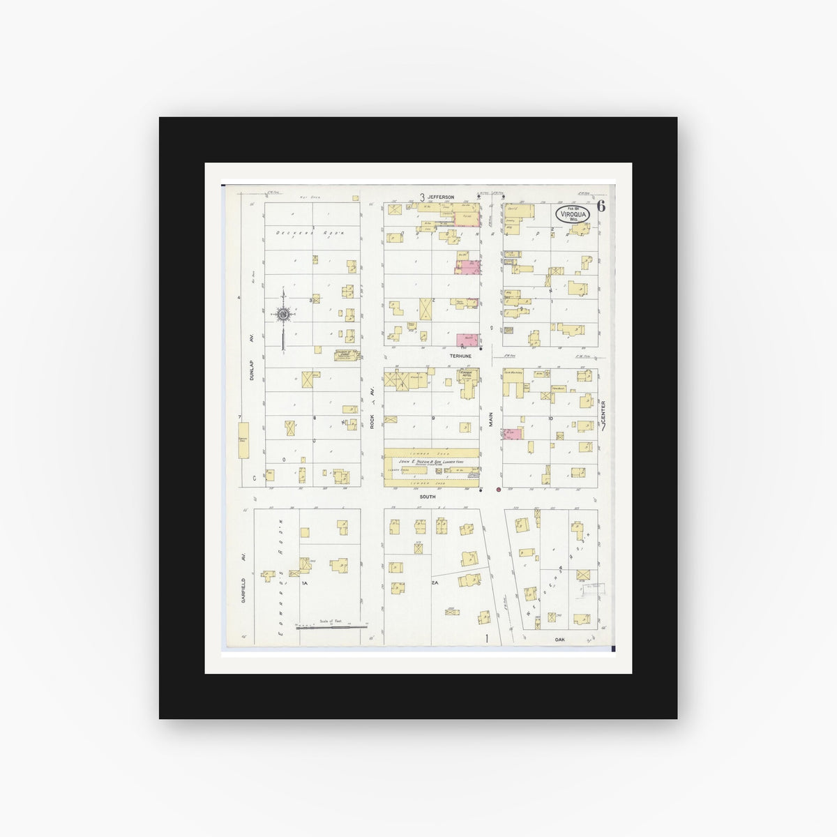 Old map wall art mockup — black gallery frame with white mat — Sanborn Fire Insurance Map from Viroqua, Vernon County, Wisconsin (1911), Sheet #0006