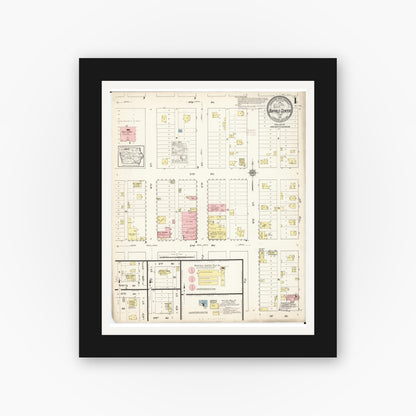 Old map wall art mockup — black gallery frame with white mat — Sanborn Fire Insurance Map from Buffalo Center, Winnebago County, Iowa (1915) â€” Complete Set